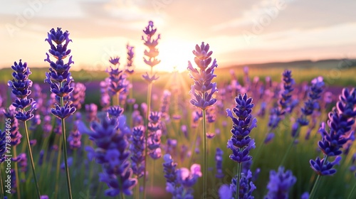 field with lavender at sunset © Spyrydon