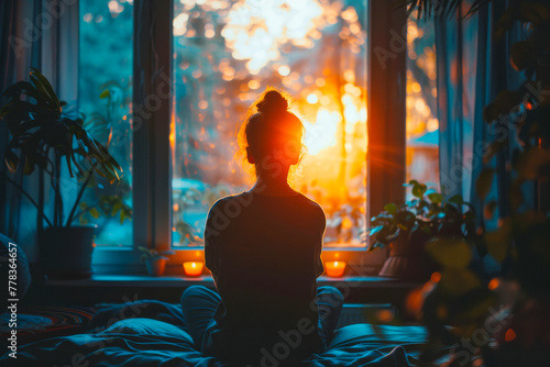 Tranquil Dawn Meditation with a Woman Contemplating the Sunrise