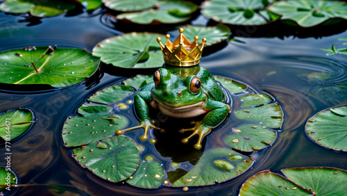 Frog in a golden crown on the background of a pond photo