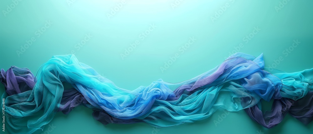 A vibrant painting featuring flowing fabric in shades of blue and purple against a lush green backdrop, with a central white dot adding visual interest A vibrant painting featuring flowing fabric in shades of blue and purple against a lush green backdrop, with a central white dot adding visual interest