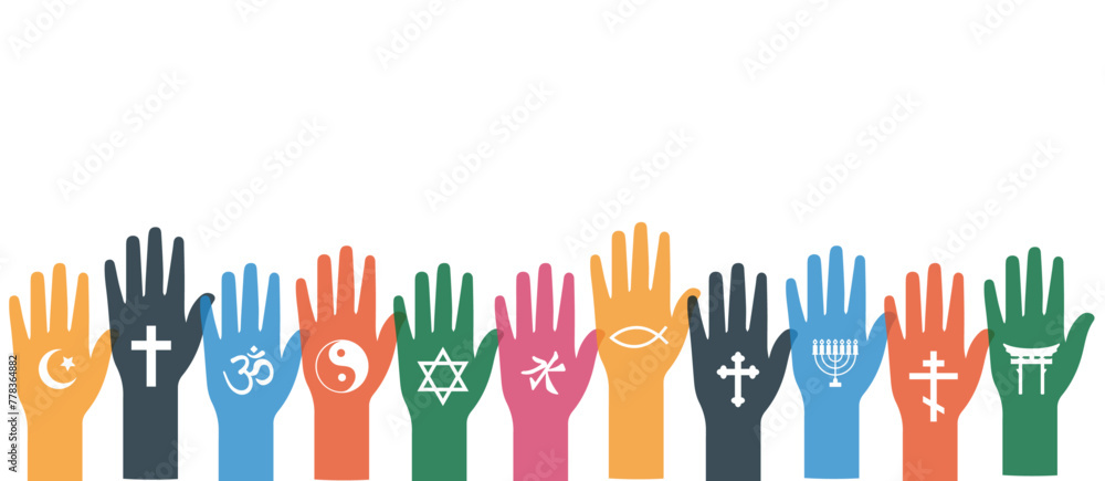 Fototapeta premium hands in the air. religious symbols of the world. concept of unity and humanism.