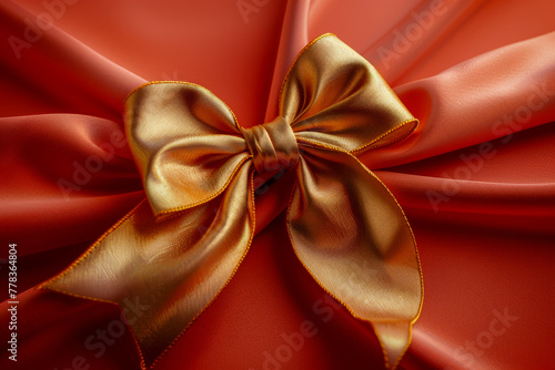 The art of gift-wrapping embodied in a golden satin bow, its luxurious folds casting soft shadows on rich red fabric
