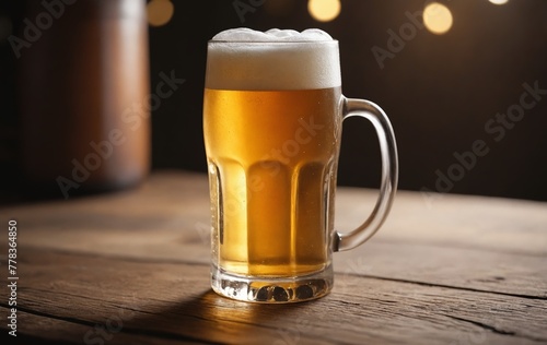 A beer glass filled with liquid sitting on a wooden table