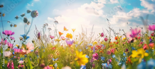 Vibrant Spring Meadow, Colorful Wildflowers Under Sunny Skies
