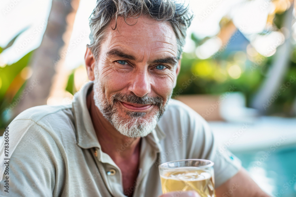 Portrait of smiling senior man holding glass of beer at poolside
Portrait of smiling senior man holding glass of beer at poolside