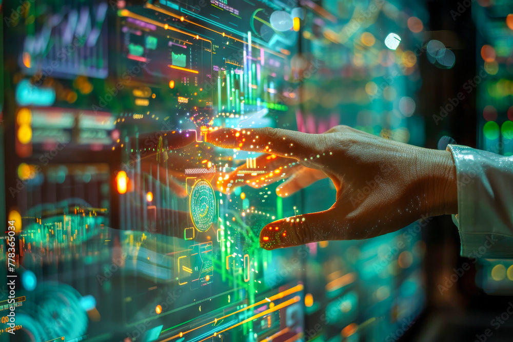 A dynamic image capturing a hand engaging with a futuristic augmented ...