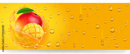 Mango fresh juice splash. Mango fruit beverage with condensation drops on yellow background. 3d realistic banner