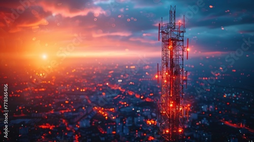 A wireless broadband antenna transmitting telecommunications signal. 5G signal distribution network. A 5G phone tower broadcasting mobile signals. Communications technology.