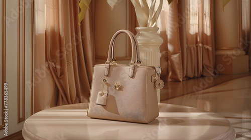 Elegant Beige Designer Bag with Gold-toned Hardware Detailing and Versatile Carrying Options.
