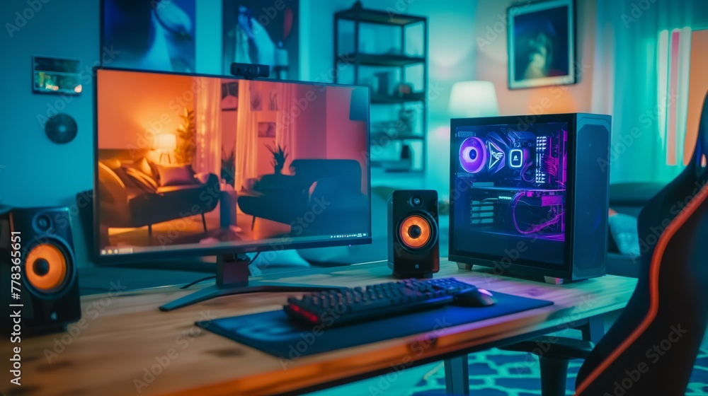 Close-up of a stylish desktop computer setup with neon lighting in a cozy home office Close-up of a stylish desktop computer setup with neon lighting in a cozy home office