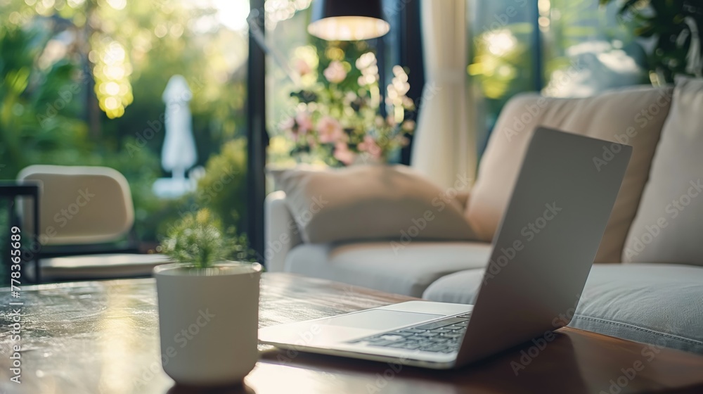 Close-up of an open laptop on a coffee table, creating a calm remote work environment Close-up of an open laptop on a coffee table, creating a calm remote work environment