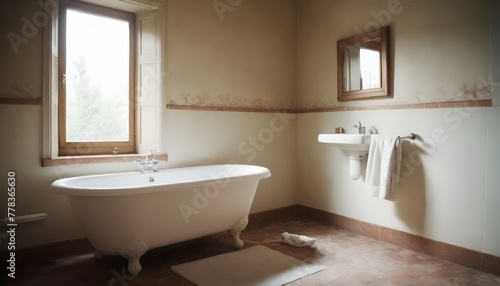 Old cozy bathroom interior  antique furnishings and abandoned or old house concept. 