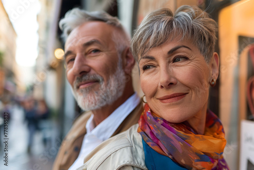 Portrait of a happy senior couple in the street of Rome, Italy 