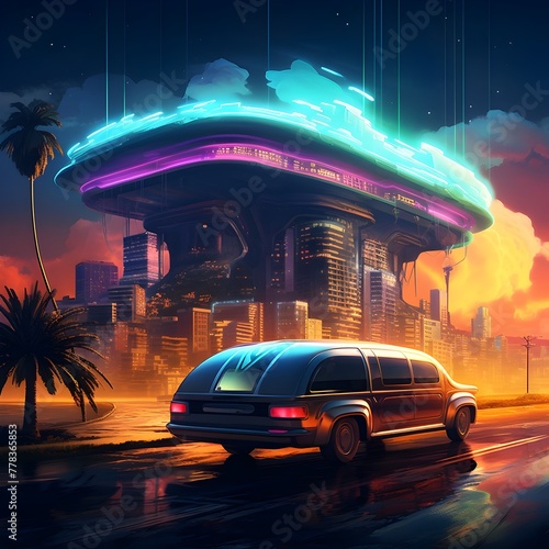 Dreamy Retrofuturistic Digital Painting Glowing with Synthesizer Keyboard and Neon Lights