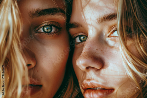 Close-up portrait of two beautiful girls with long hair and blue eyes 
