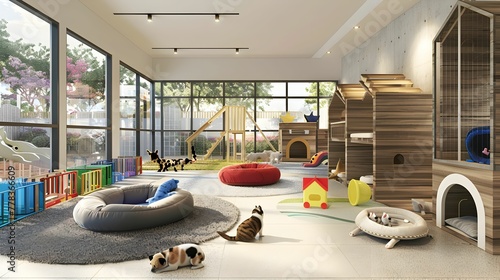 Spacious and modern pet daycare interior with a variety of playful areas and comfortable resting spaces for cats and dogs. photo