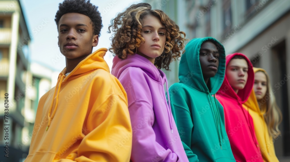 Teenagers in bright stylish hoodies of different colors. Modern street fashion for young people, students. Concept fashion, clothing, diversity, modeling, blank hoodies. Generative ai Teenagers in bright stylish hoodies of different colors. Modern street fashion for young people, students. Concept fashion, clothing, diversity, modeling, blank hoodies. Generative ai