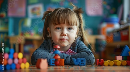 Little autistic  girl playing in a kindergarten or children's room at home with wooden educational toys. Concept of leisure, development, education, autism. Generative ai