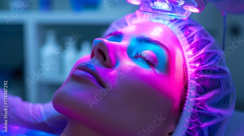 Young woman lying in an infrared therapy room surrounded by soft, undergoing facial therapy with red laser, warm light, blurred bacground. Skin care, cosmetology, anti aging concept. Generative ai. photo