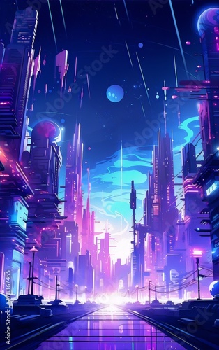 A digital painting of a futuristic city with skyscrapers, glowing lights and a blue sky in the background. photo