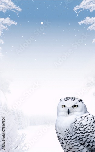 A snowy owl with piercing yellow eyes stares at you from a snowy forest. photo