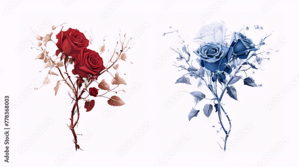 Red And Blue Roses Sign Two bouquets of red and blue roses with buds, leaves and thorns on a ...