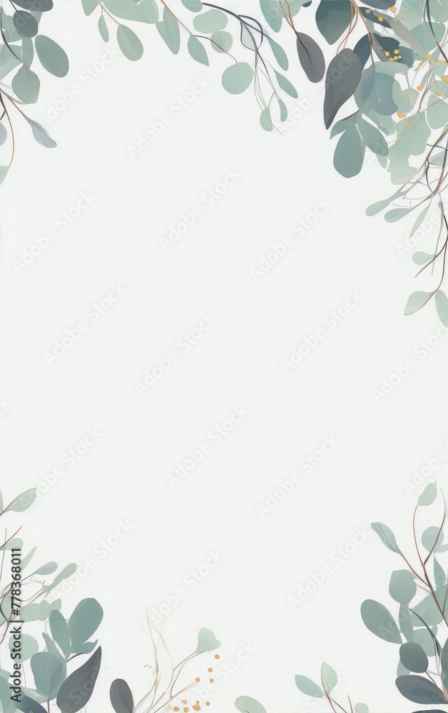 Delicate botanical frame of watercolor eucalyptus branches with leaves in soft green and blue hues, perfect for wedding invitations, cards, and branding projects.
