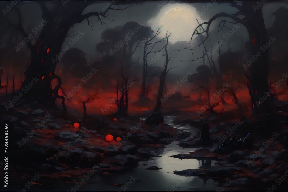 Dark figures in a red moonlit forest with glowing red mushrooms, digital painting