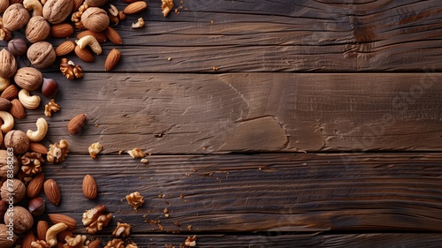 Assorted nuts scattered on a dark wooden background.