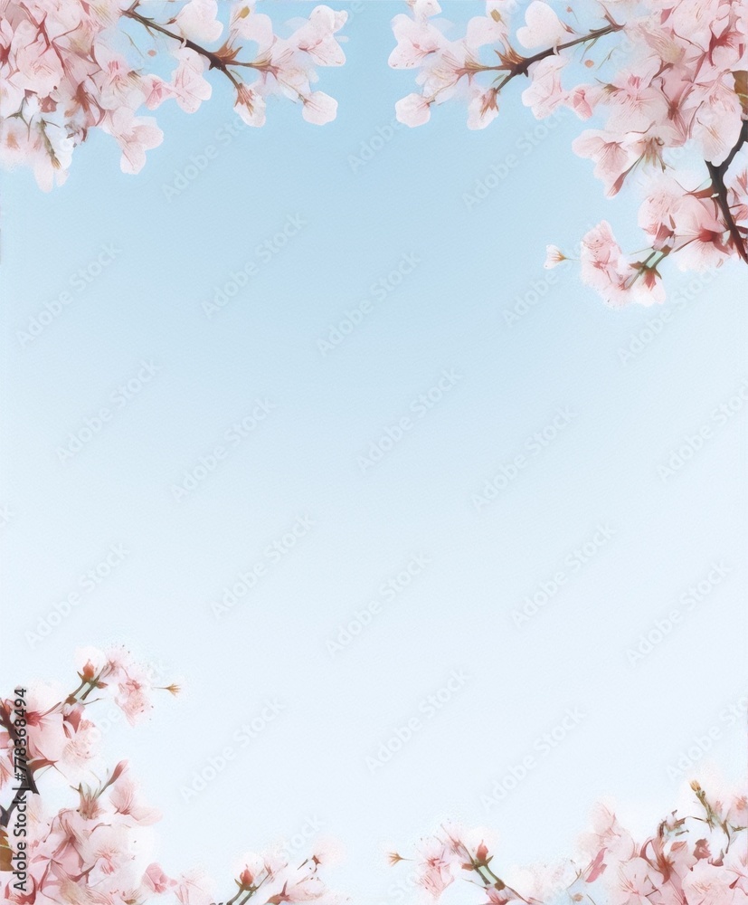 Delicate cherry blossom branches with pink flowers on a blue background.