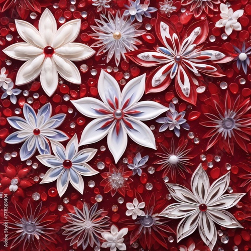 Red and white flowers made of paper with shiny centers on a red background.