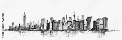 Iconic New York City skyline in pencil sketch - A spectacular and intricate pencil illustration showcasing the dense and dynamic skyline of New York City with its famous skyscrapers