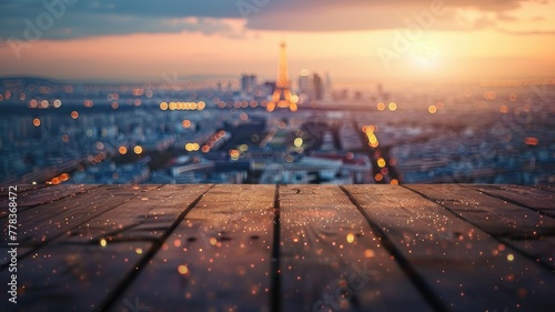 Paris skyline and Eiffel Tower from wooden deck - An enchanting view of Paris' skyline with the iconic Eiffel Tower, captured from a wooden deck at twilight