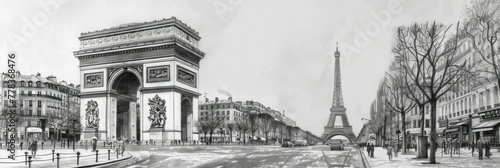 Stylized sketch of Parisian landmarks - Artfully detailed sketch of Paris landmarks including the Eiffel Tower and Arc de Triomphe in a monochrome style