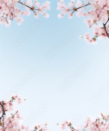 Delicate cherry blossom branches with pink flowers on a blue background.