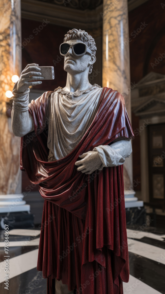 Classical statue with VR headset - A classical draped statue holds a card with a digitally blurred face sparking questions about identity and privacy