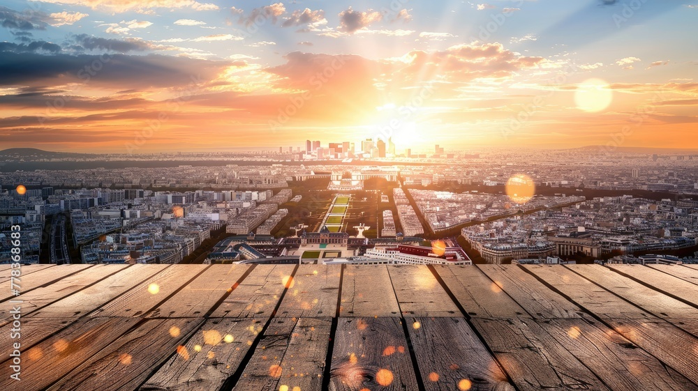 Breathtaking city view with sun flare - A mesmerizing cityscape is illuminated by a radiant sun flare, with detailed wooden flooring in the foreground