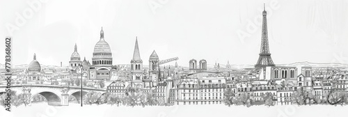 Panoramic Parisian cityscape with historic landmarks - The expansive pencil sketch portrays the panoramic Parisian cityscape including landmarks like the Eiffel Tower and Notre Dame Cathedral photo