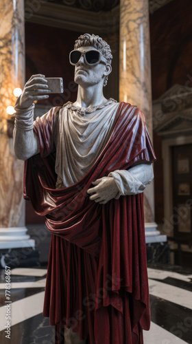 Classical statue with VR headset - A classical draped statue holds a card with a digitally blurred face sparking questions about identity and privacy