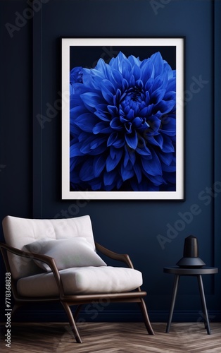 Blue flower in a blue room with a white chair and a black table, interior design, art deco