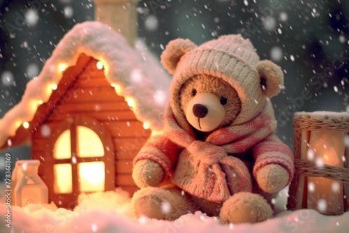 Cozy Christmas Scene. A Teddy Bear's Winter Wonderland 