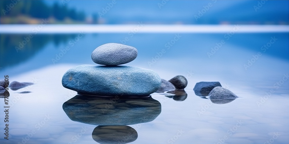 A stack of smooth water-worn stones in the shallow edge of a lake with a blurred background of evergreen trees and mountains in the distance