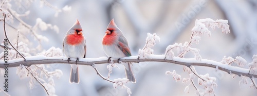 Two cardinals perched on a snow-covered branch against a soft, out-of-focus background in a realistic style with muted colors