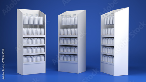 Cardboard retail display stands with flexible pouches mockups, shelves and euro hooks with price holders. 3d illustration set on blue background