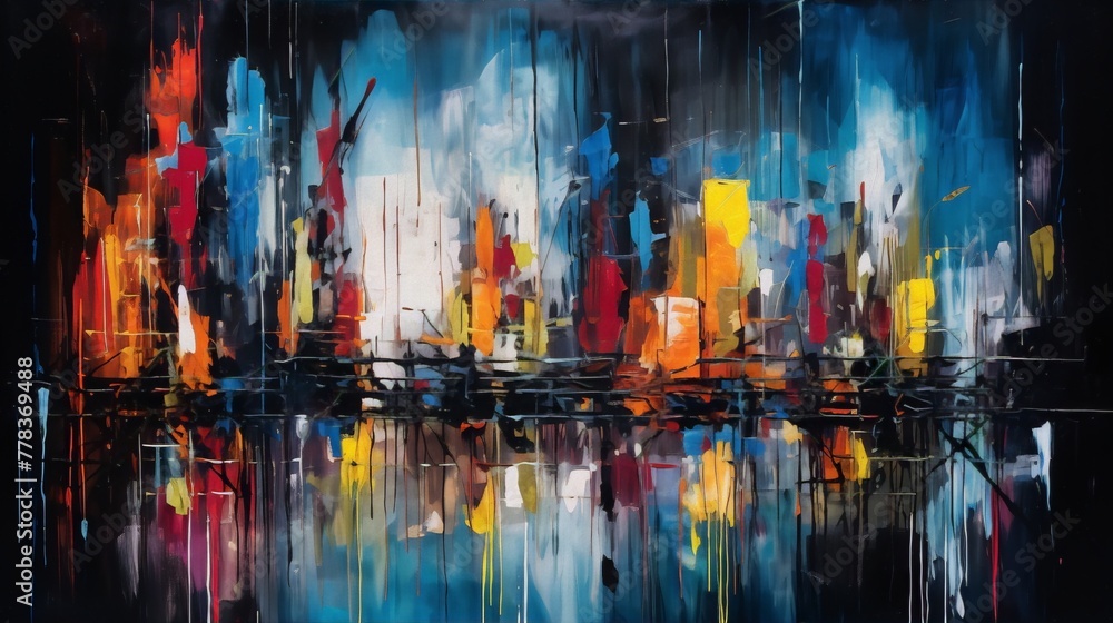 Obraz premium vibrant cityscape with bright lights reflecting off the water in an abstract expressionist style