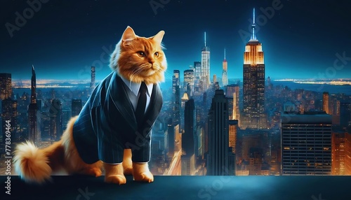 Tuxido Cat Tabby wearing a Suit on the New York Skyline at night.