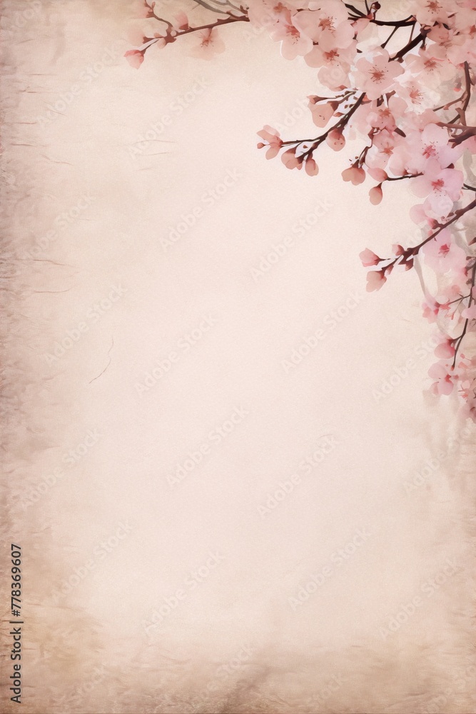 Delicate cherry blossom branch with pink flowers on a beige background in sumi-e style Delicate cherry blossom branch with pink flowers on a beige background in sumi-e style