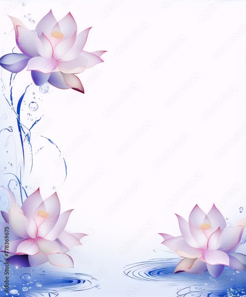 Naklejka premium Pink and blue lotus flowers with water droplets on a white background, in a realistic style, for a natural or Asian-inspired interior, reminiscent of the Art Nouveau movement.
