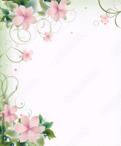 Pink and green flowers with dew on a light background in a classic art style.