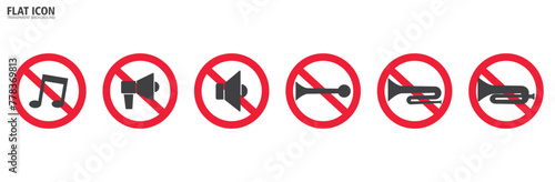 No Horn Traffic Icon , Vector illustration of red crossed out circular no traffic sign with trumpet icon inside. No horn symbol. No loud sound symbol icon in transparent background.